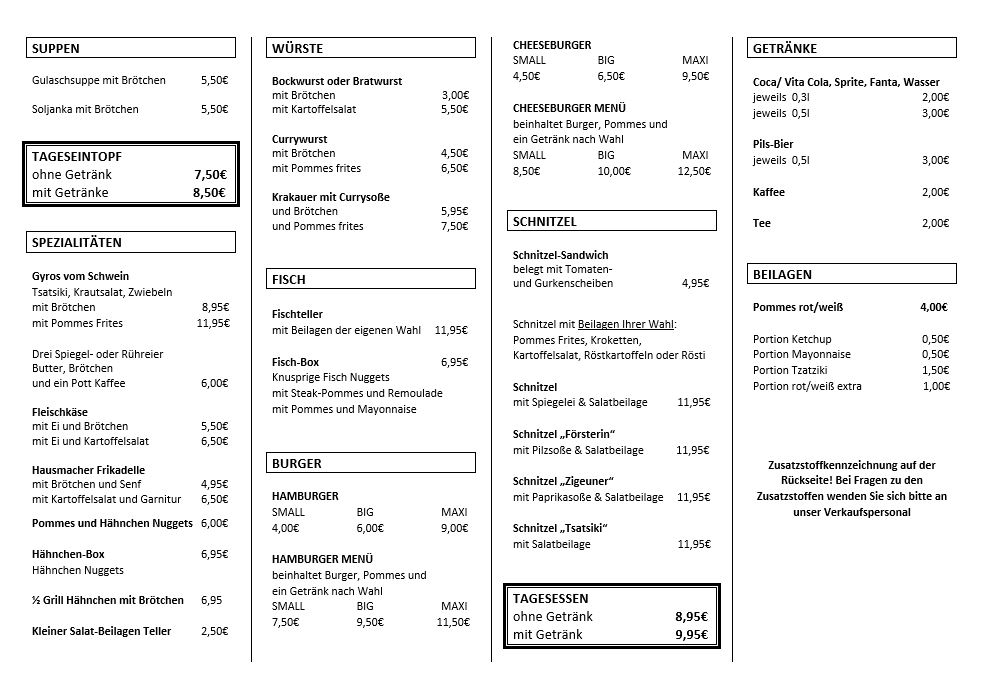 Aktuelle Speisekarte Bistro B19 Wasungen