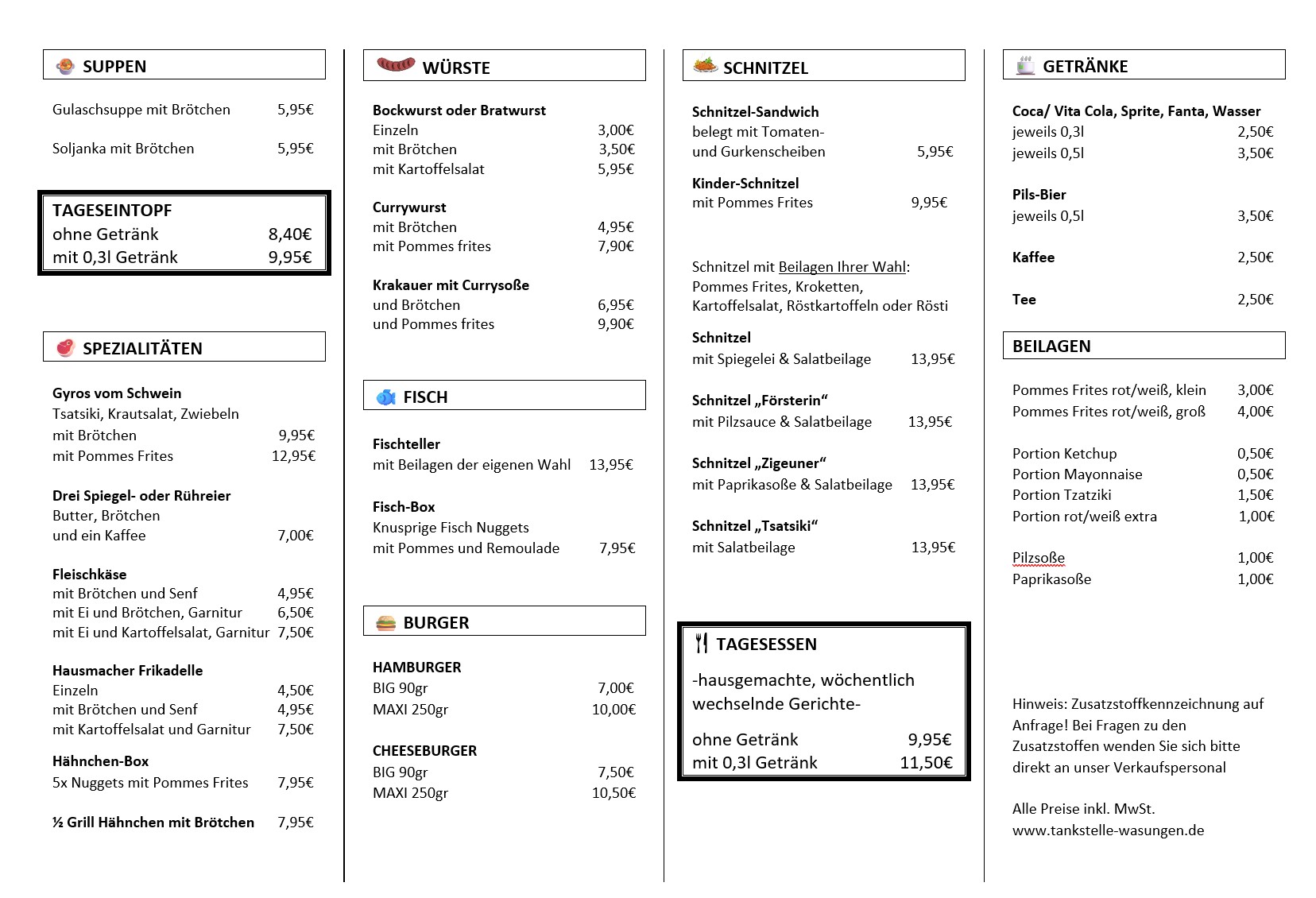 Aktuelle Speisekarte Bistro B19 Wasungen